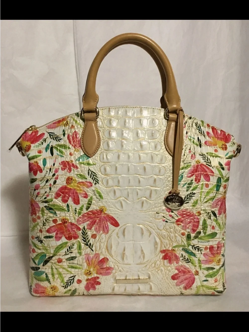 Brahmin Cream Floral Embossed Leather Tote with Tan Handles - Picture 3 of 8